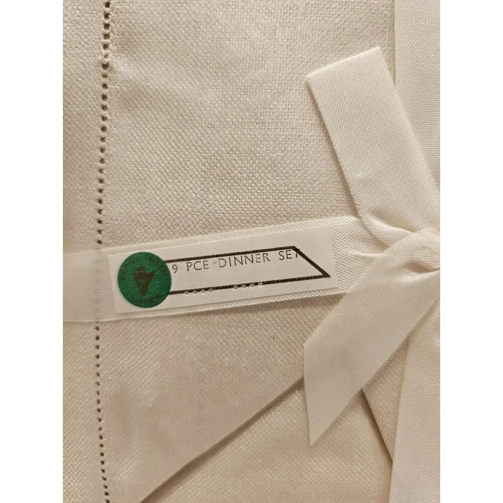 Vintage Irish Linen 64x84 Banquet Tablecloth & 8 Matching Napkins Ivory‎ In Box